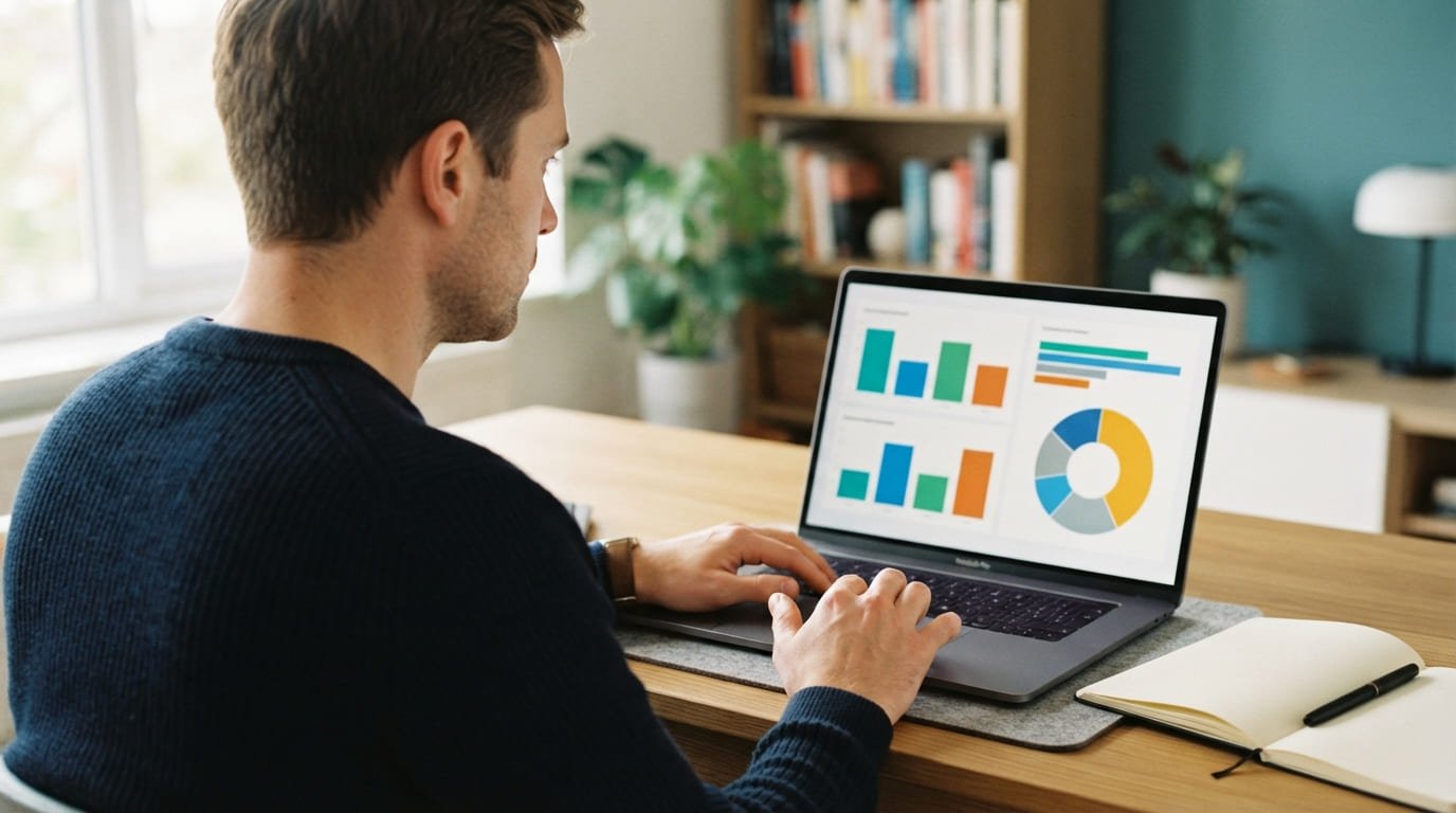 Emprendedor revisando en su laptop cuánto dinero recibe de cada venta digital