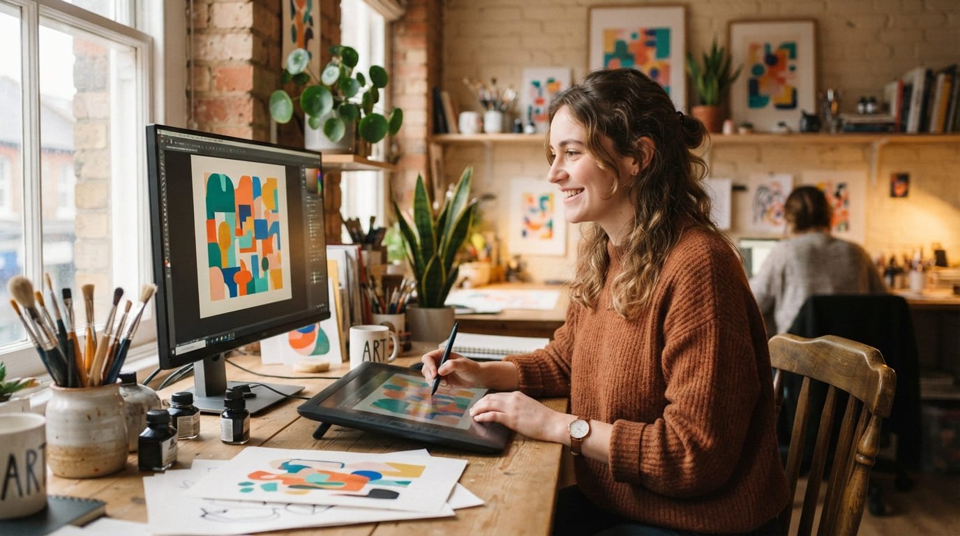 Ilustradora vendiendo un paquete de plantillas digitales desde su estudio