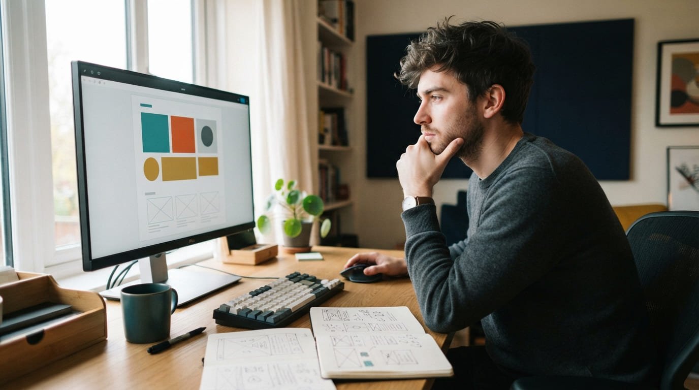 Diseñador pensativo frente a un editor de páginas con opciones de diseño limitadas