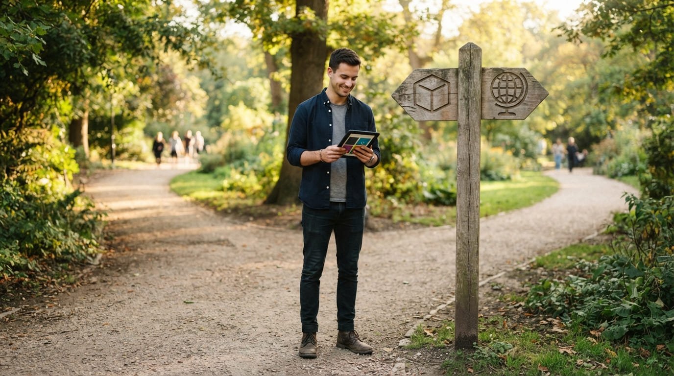 Emprendedor frente a dos caminos marcados con iconos de una plataforma y un sitio web
