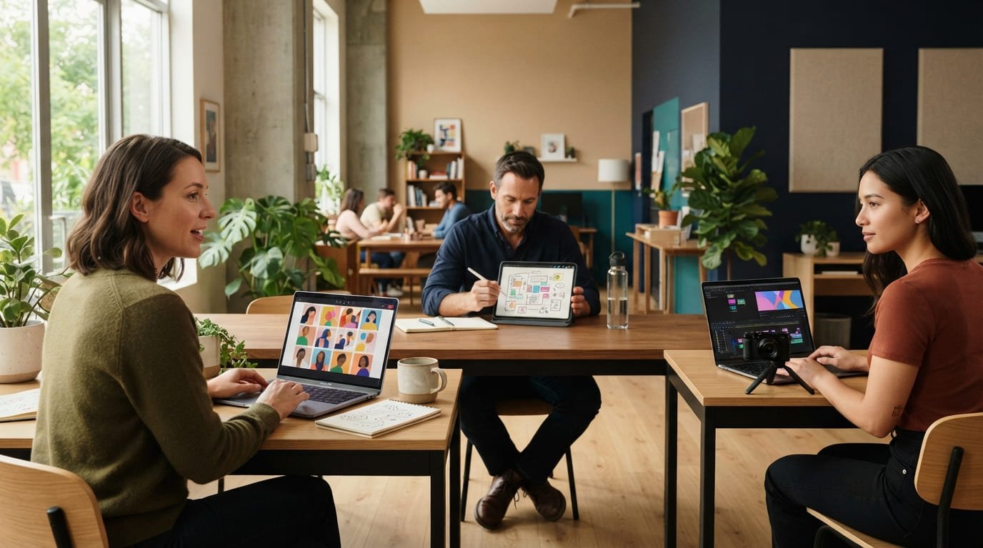 Coach, profesora y creador de contenido trabajando cada uno en su negocio digital