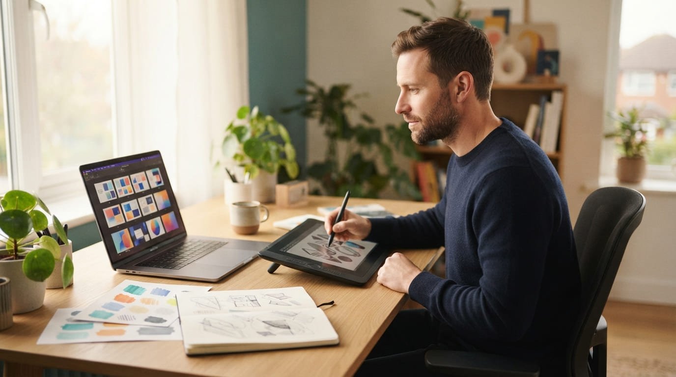 Creador de plantillas digitales preparando su producto para venderlo en línea
