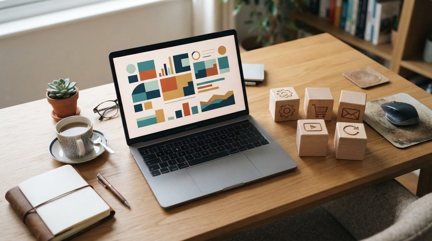 Laptop con una plataforma todo en uno junto a un sitio web armado por piezas
