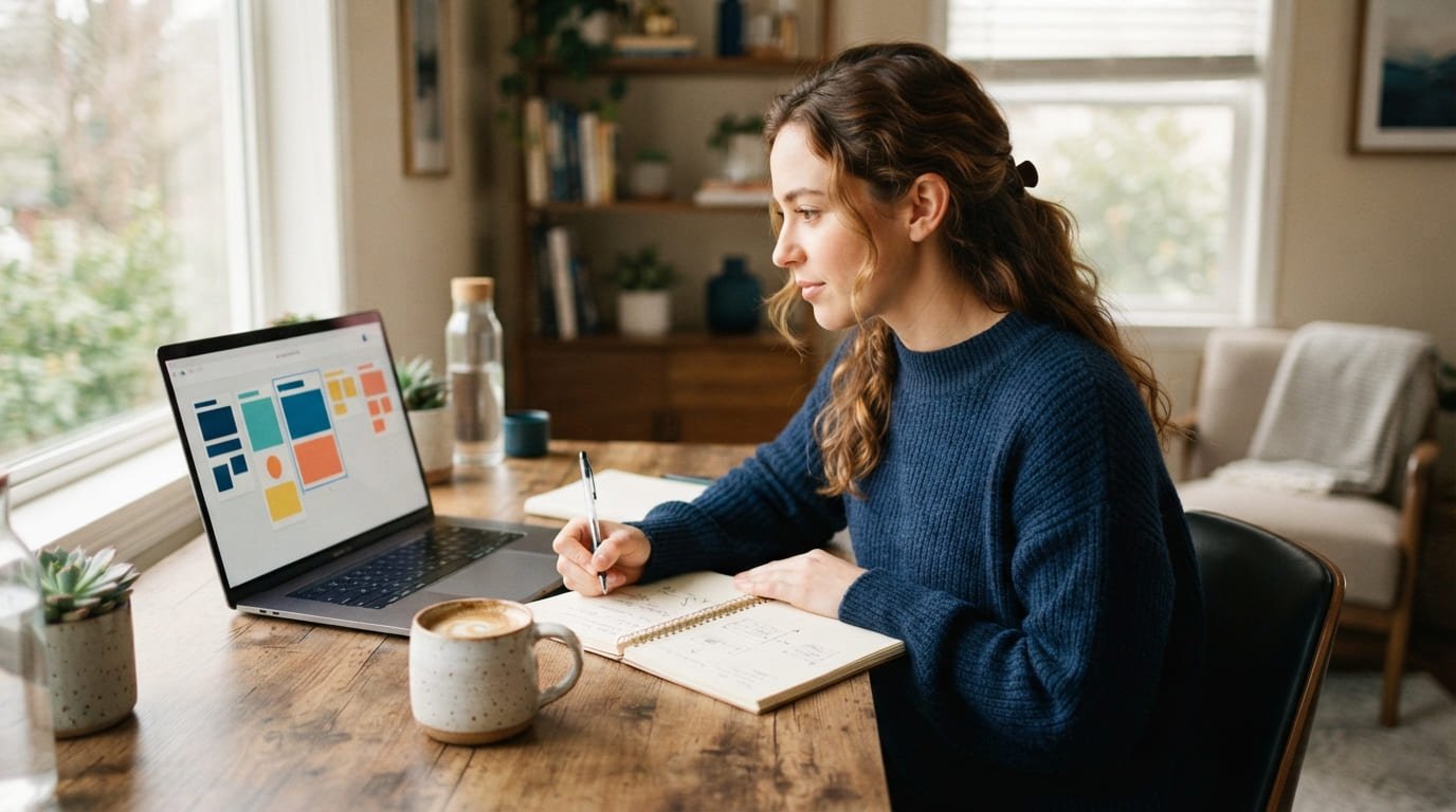 Emprendedora eligiendo un plan de Systeme.io en su laptop con una libreta de notas