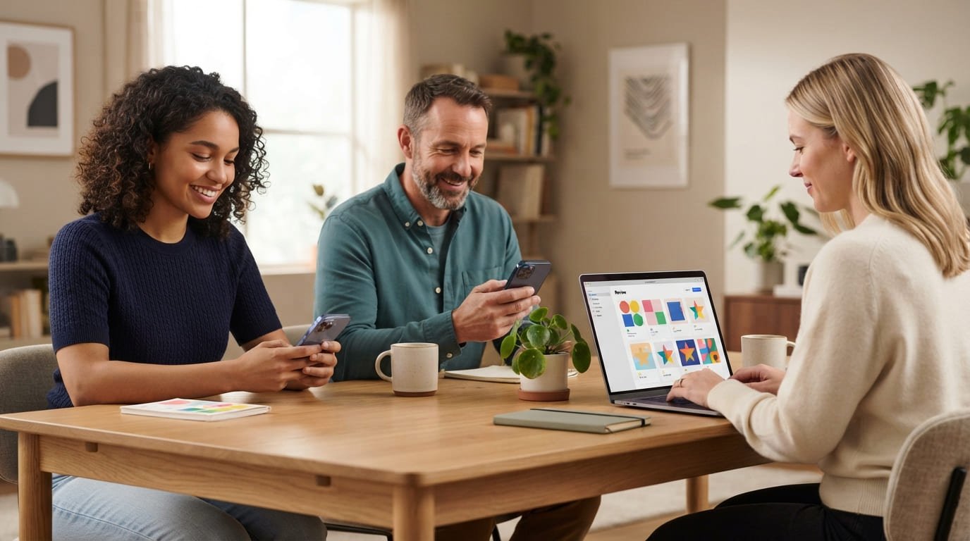 Personas leyendo reseñas de usuarios de Systeme.io en sus teléfonos y laptops