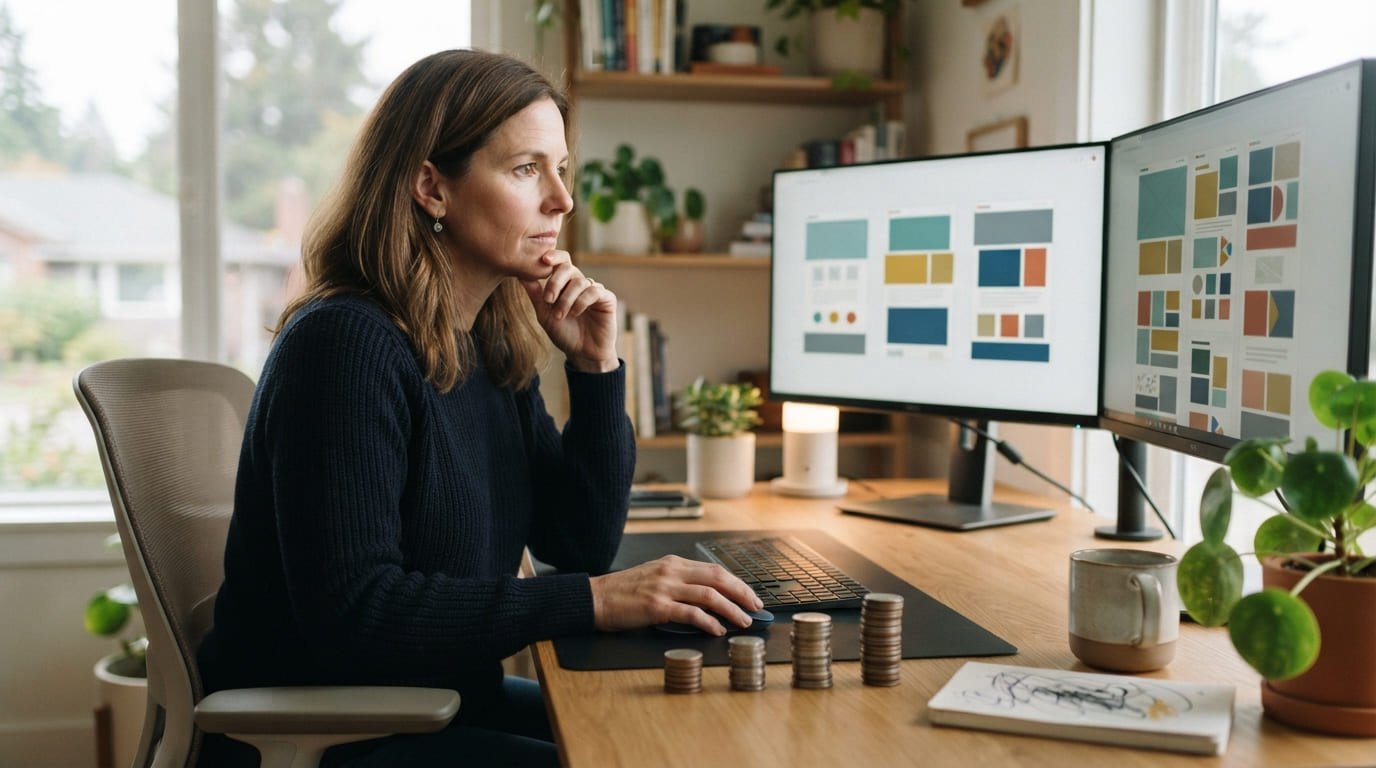 Creadora de cursos comparando el costo de tres plataformas en dos monitores
