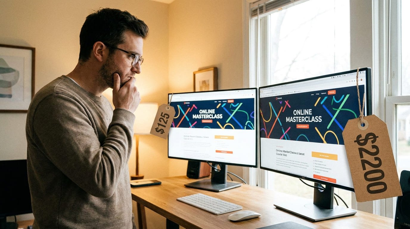 Comparación de Systeme.io vs Kajabi con dos pantallas de cursos en línea lado a lado