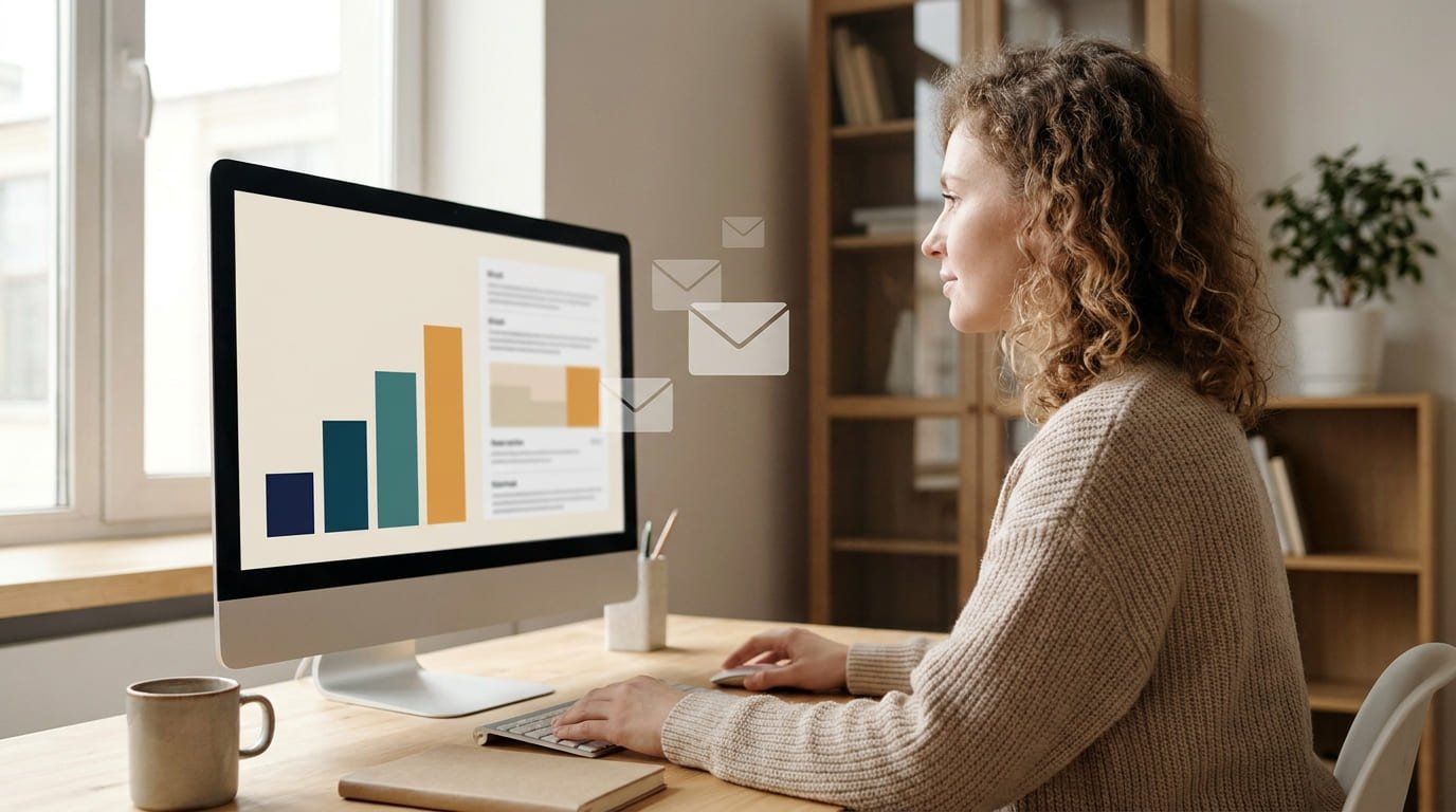 Mujer enviando una campaña de email marketing desde su computadora con gráficas de aperturas