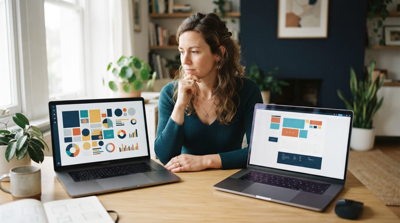Systeme.io vs WordPress: emprendedora decidiendo entre una plataforma todo en uno y un sitio propio
