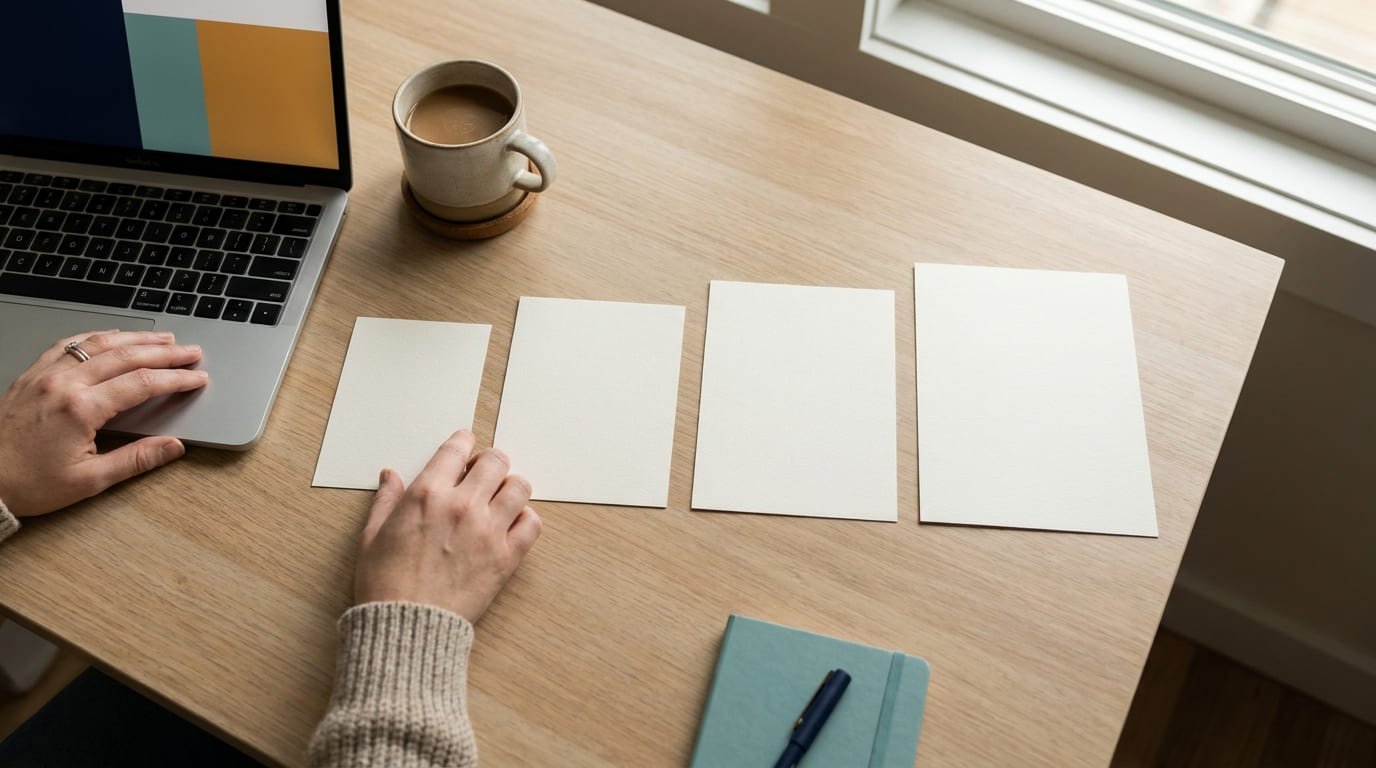 Cuatro tarjetas de planes de precios sobre un escritorio de trabajo