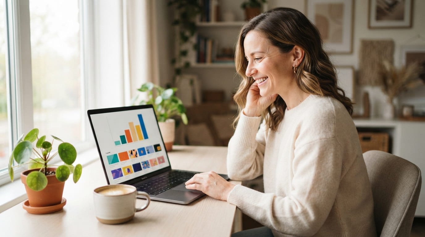 Emprendedora satisfecha revisando las ventas de su curso en línea en la laptop