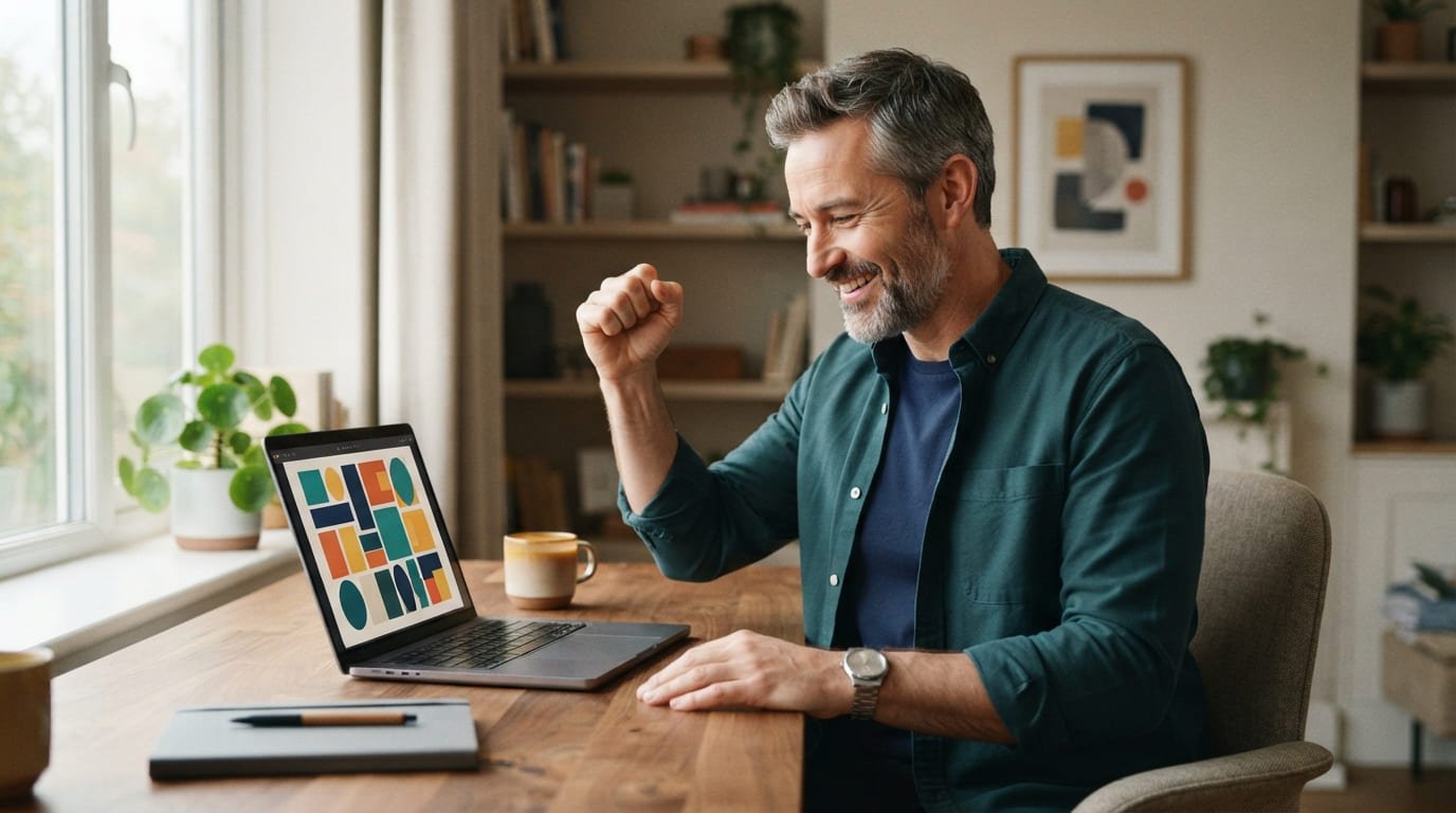 Emprendedor sonriendo frente a su laptop después de publicar su primer producto digital